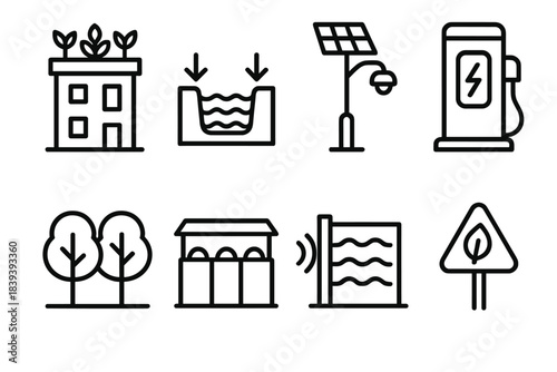 Urban Sustainability Icons. Urban sustainability elements linear set: rooftop garden, stormwater channel, solar streetlight, EV charging post, shade tree row, waste sort station,