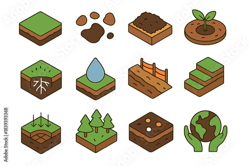 Land Health Icons. Land Health Icons isometric flat set: loam patch, soil granules, compost amendment, mulch ring, root depth indicator, water retention drop, erosion fence,