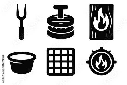 Backyard Grilling Icons. Backyard Grilling Gear silhouette set: grill fork, burger press, cedar plank, sauce cup, grill mat, flame dial.
