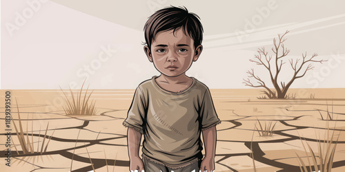 Young, sad child standing alone in a barren, drought-stricken landscape suggesting famine or climate change impact.