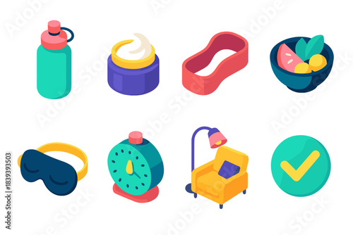 Self-Care Essentials Icons. Daily Self-Care Tools isometric flat set: hydration bottle, skincare jar, stretch band, healthy snack bowl, rest mask, focus timer, cozy reading nook,