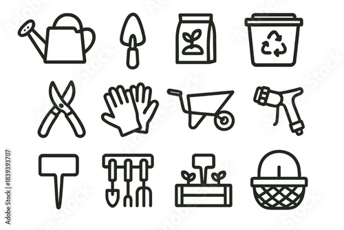 Garden Tools Icons. Shared Gardening Tools linear set: watering can, soil trowel, seed packet, compost bin, pruning shears, garden gloves, wheelbarrow, hose nozzle, plant label tag