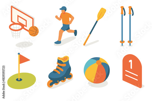 Vibrant Sports Icons. Recreational Sports Set isometric flat set: basketball hoop, trail runner, canoe paddle, ski poles, golf flag, rollerblade icon, beach ball, outdoor track