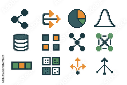 Data Distribution Icons. Data Distribution pixel style set: network nodes, branching arrows, segmented graph, distribution curve, database icon, data packets, flow clusters,