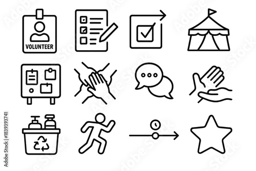 Volunteer Engagement Icons. Volunteer Engagement linear set: volunteer ID card, sign-up sheet, task assignment arrow, event tent, community board, teamwork hands, coordination