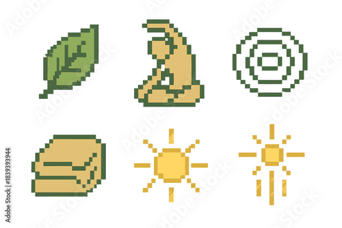 Wellness Pixel Icons. Wellness pixel style set: relaxation leaf, gentle stretch icon, smooth ripple line, comfort blanket fold, healing light, wellness beam.