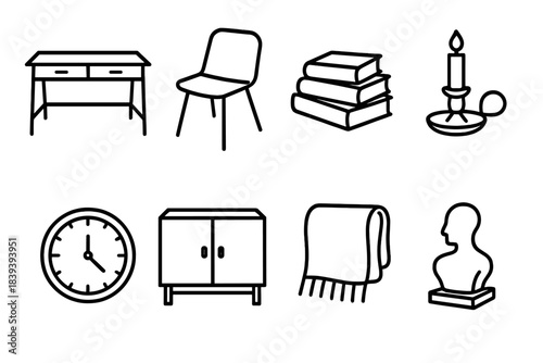 Minimalistic Home Essentials. House décor essentials linear set: writing desk, desk chair, book stack, candle holder, wall clock, storage cabinet, textile throw, small sculpture.