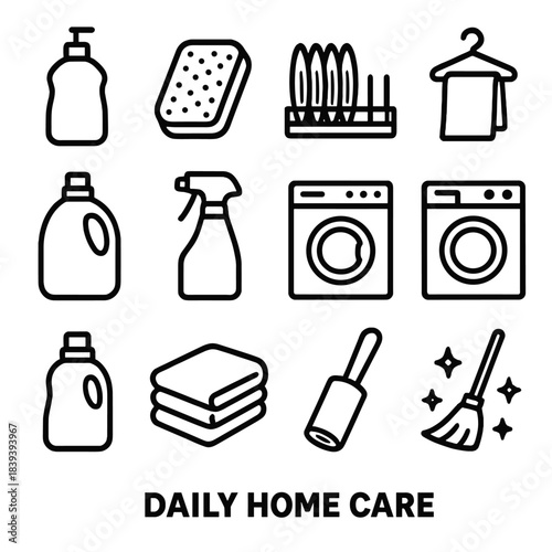 Home Care Essentials. Daily Home Care linear set: dish soap bottle, sponge, drying rack, hand towel, laundry detergent, stain remover, washing machine icon, dryer icon, fabric