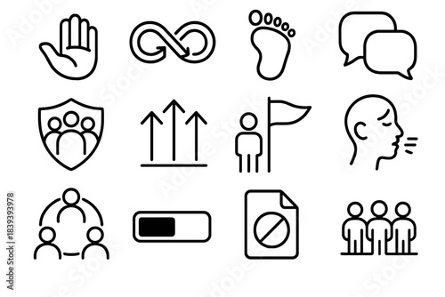Resilient Team Icons. Resilient Team Practices Elements Set linear set: support hand, resilience loop, steady steps, communication bubble, team shield, alignment arrow, shared goal