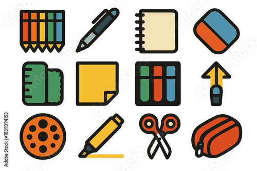 Brutalist Stationery Icons. Creative Stationery Sets silhouette set: colored pencil tile, gel pen node, sketch notebook bar, eraser ring, ruler patch, sticky note stripe, marker