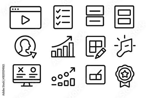 Interactive Learning Icons. Online Skill Development linear set: video lesson window, checklist steps, structured modules, guided arrow, focus circle, growth bar, practice tile,
