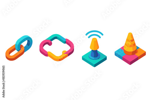 Isometric Resilience Icons. Distributed Resilience Networks flat isometric set: flexible link tile, redundancy chain loop, stability beacon.
