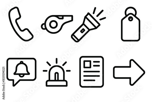 Emergency Communication Icons. Rapid Communication Items linear set: emergency handset, alarm whistle, signal torch, info tag, call alert sign, beacon flash, instruction card,