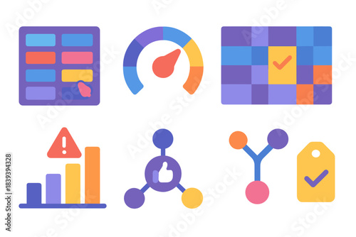 Decision Icons Grid. Decision saturation themes flat set: excess choice panel, prioritization dial, evaluation grid tile, clarity cue, selection overload bar, preference node,