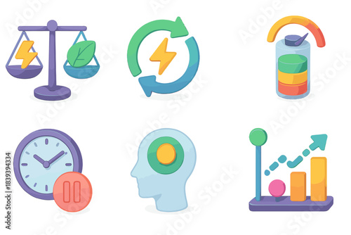 Sustainable Energy Icons. Sustainable Energy Management flat isometric set: balance-of-effort icon, restorative cycle ring, stress-load indicator, scheduled pause marker, mental