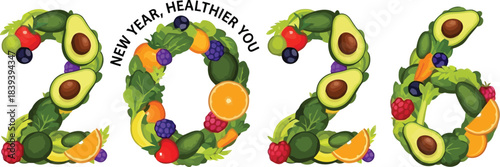 Fresh fruits and vegetables artfully compose the year 2026 alongside a healthy new year resolution message for wellness goals
