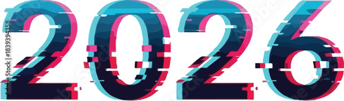 Digital glitch art displaying the year 2026 with cyan and magenta chromatic aberration against a binary background