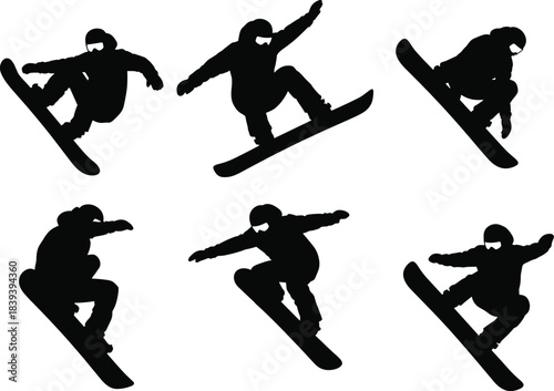 Silhouette illustration of snowboarders performing aerial tricks and freestyle maneuvers in dynamic poses for winter sports design
