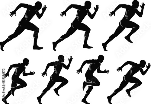 Silhouette illustration of runner in sprint motion sequence showing dynamic leg and arm movement for athletic training and animation