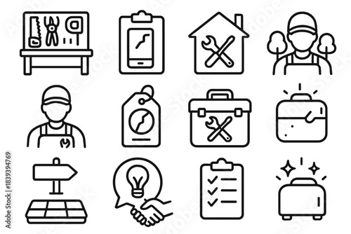 Community Repair Icons. Community Repair Support linear set: shared tool bench, repair request card, neighborhood fix-it hub, volunteer technician icon, broken item tag, community