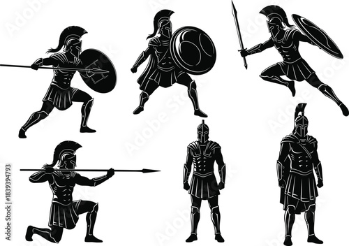 Silhouette illustration of ancient Greek Spartan warriors in combat poses with helmets, shields, spears, swords, battle stance and armor