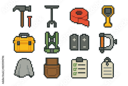 Field Survey Icon Set. Field Survey Support Tools set of icons in flat pixel vector style: hammer stake driver, stake puller, flagging tape roll, utility locator, protective case,