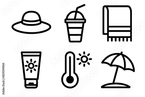 Summer Essentials Icons. Heat-related activities linear set: sun hat, cold drink cup, beach towel, sunscreen tube, heat gauge, shade umbrella.