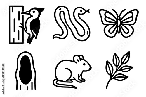 Forest Icon Set. Forest Tree Inhabitants linear set: woodpecker pose, tree snake, tiny mammal, butterfly, bark hollow, leafy sprig.