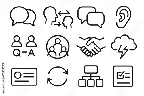 Collaborative Dialogue Icons. Collaborative Dialogue Items linear set: shared speech bubble, idea exchange icon, paired chat boxes, listening ear symbol, question–answer line,