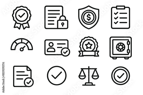 Finance Security Icons. Trustworthy Finance Elements linear set: certified mark, secure contract, shielded coin, review checklist, reliability gauge, approval card, ethical