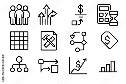Resource Management Icons. Resource Budget Development Icons linear set: resource pool icon, allocation arrows, cost-per-unit bar, staffing grid, material estimate sheet, hours