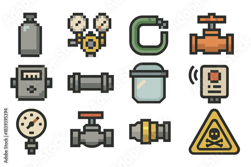 Gas Tool Icons. Gas Handling Tools set of icons in flat pixel vector style: cylinder tank, reducing regulator, conduit hose, isolation valve, usage meter, pipe connector, safety