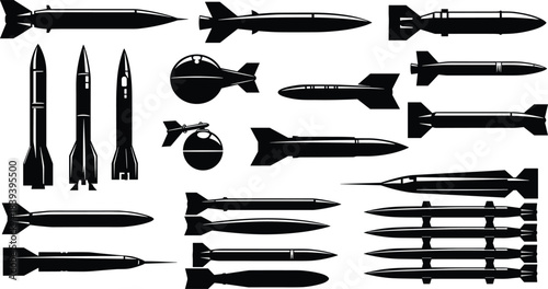 Missile and bomb icon set, black silhouette military ordnance in various shapes and fins, cad drawing flat vector illustration