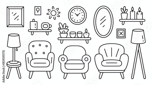 Set of outline drawings featuring various armchairs, lamps, mirrors, and wall decorations for decorating a space.