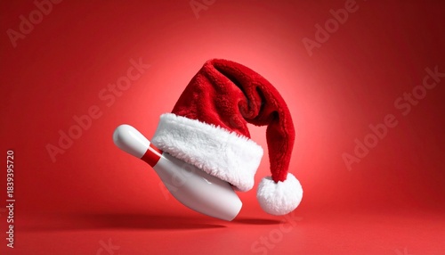 Christmas Bowling Pins: Full Rack with the Head Pin Wearing a Santa Hat on a Red Background