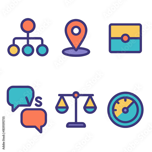 Minimalist Argument Icons. Mental Argument Structures flat set: branching debate map, position marker, rationale block, contrast indicator, decision hinge icon, stability dial.