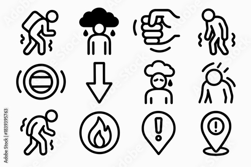 Visible Anxiety Icons. Heavy Worry linear set: burden weight, dark cloud, trembling line, tight grip icon, strain ripple, downward arrow, stressed figure, dense fog symbol, shaky