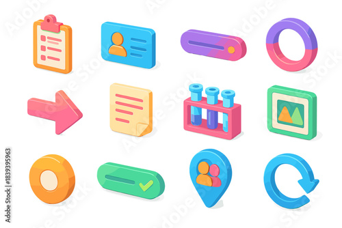 Isometric Medical Icons. Patient Information Flow flat isometric set: intake form tile, patient ID node, symptom entry bar, triage cue ring, data-transfer arrow, clinical notes