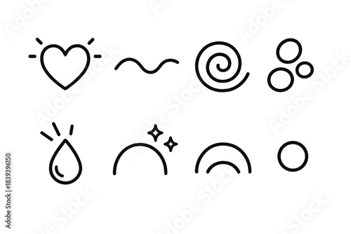 Emotive Icon Set. Emotive Graphic Elements linear set: heart glow, soft wave, gentle swirl, warm bubble, expressive tear line, feeling spark, mood arc, emotional dot.