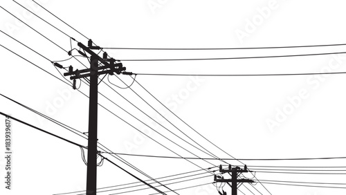 Utility pole silhouette, power line network, electrical infrastructure, urban energy grid, industrial cable structure, vector illustration, electricity distribution system,