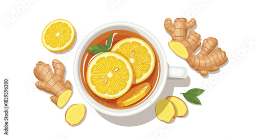 A top down view of a white cup of hot ginger tea with lemon slices and mint for a healthy and warm winter beverage.
