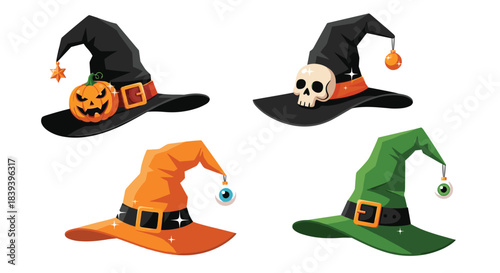 Collection of four colorful witch hats with halloween decorations like a pumpkin skull and eyeball isolated on a white background.