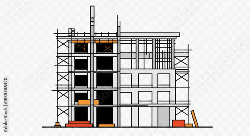 Construction site building under development with scaffolding and framework.
