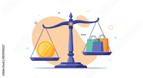 Balance scale with a gold dollar coin on one side and colorful shopping bags on the other symbolizing a balanced budget.