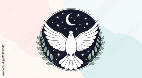 A mystical white dove of peace with spread wings inside a circle with a night sky moon stars and olive branches vector.