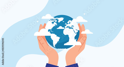 Human hands holding the planet earth with clouds around it symbolizing environmental protection care and global conservation.