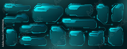 Vector set of futuristic abstract hud frames, science text box hologram borders or sci-fi labels. Digital screen panels, user interface ui elements, high tech modern information titles or callouts bar