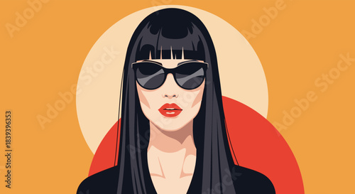 Stylish retro pop art portrait of a beautiful woman with long black hair bangs red lips and sunglasses on an orange background.