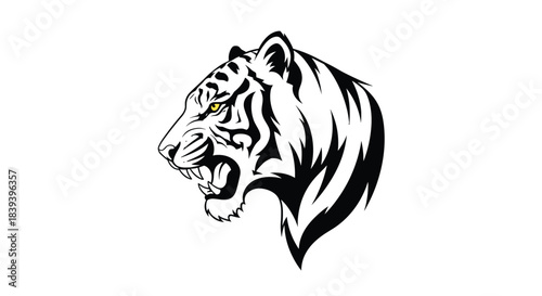 A powerful and fierce roaring tiger head in profile done in a black and white tribal tattoo style with a yellow eye vector.