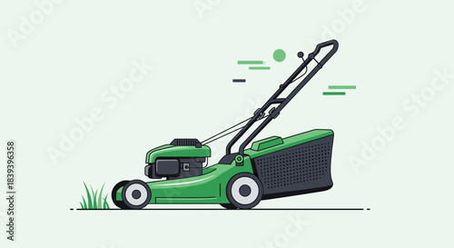 A green gas-powered lawn mower with a grass catcher bag illustrated in a clean flat vector style on a light background.